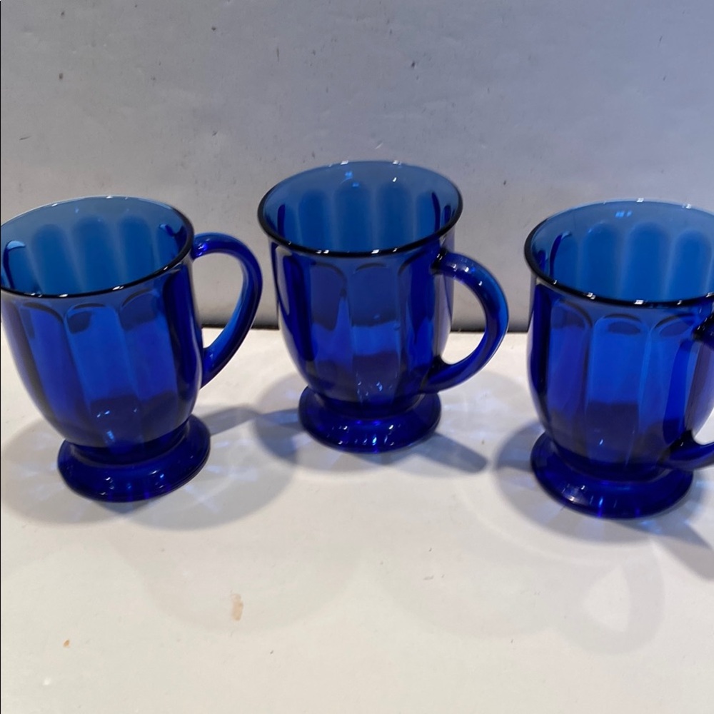 Vintage Anchor Hocking Cafe Cobalt Blue Set of 3 Glass Oversized Mugs